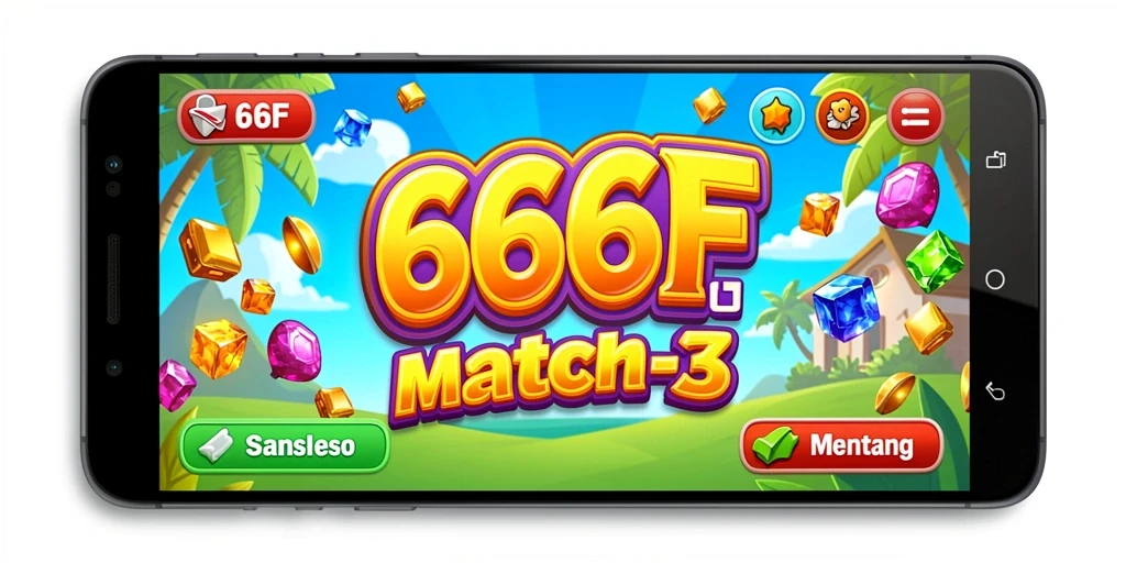 Screenshot gameplay 666F menampilkan aksi mencocokkan batu permata.