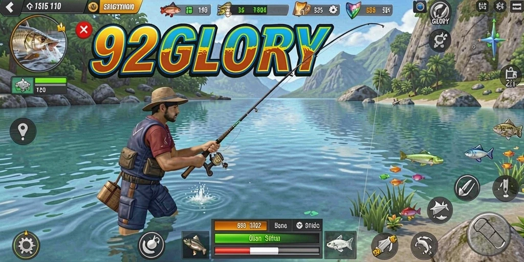 Screenshot gameplay 92GLORY menampilkan aksi menarik memancing di lautan.