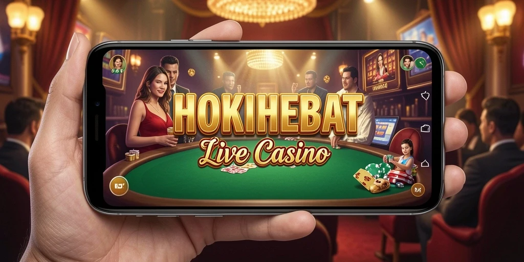 Screenshot gameplay HOKIHEBAT menampilkan dealer langsung dalam suasana kasino.