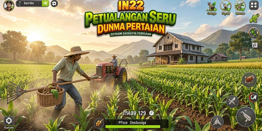 Tampilan screenshot gameplay yang menampilkan pertanian yang indah dan berwarna-warni di IN22.