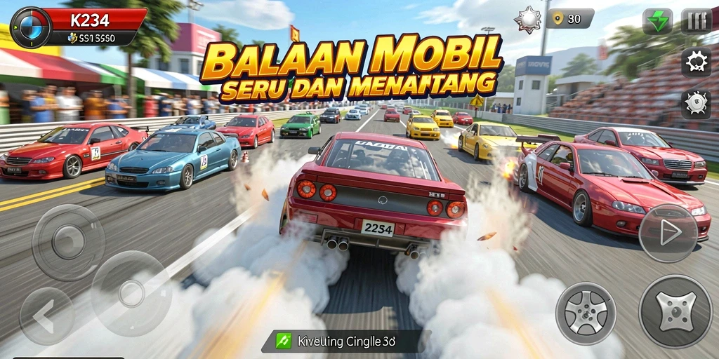 Tampilan gameplay K234 dengan mobil balap di lintasan menantang.