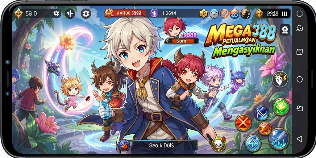 Screenshot MEGA388 menampilkan aksi pertarungan karakter Anime yang berwarna-warni.