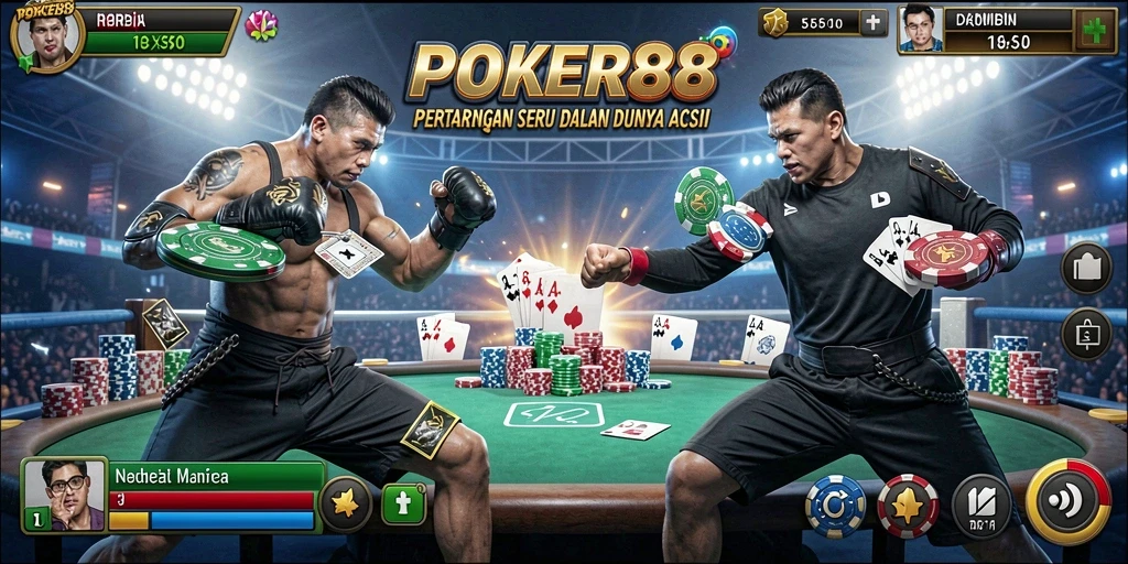 Screenshot utama POKER88 menunjukkan aksi pertarungan yang intens.