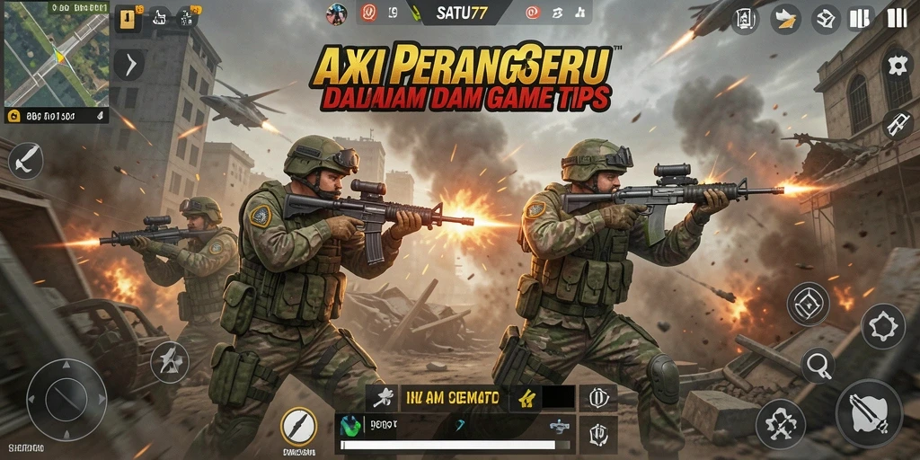 Screenshot utama SATU77 menampilkan aksi perang seru dalam gameplay TPS.