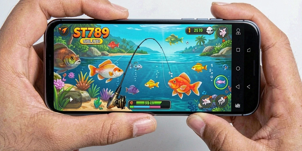 Tampilan gameplay menegangkan di ST789 dengan ikan yang besar dan lokasi memancing yang indah.