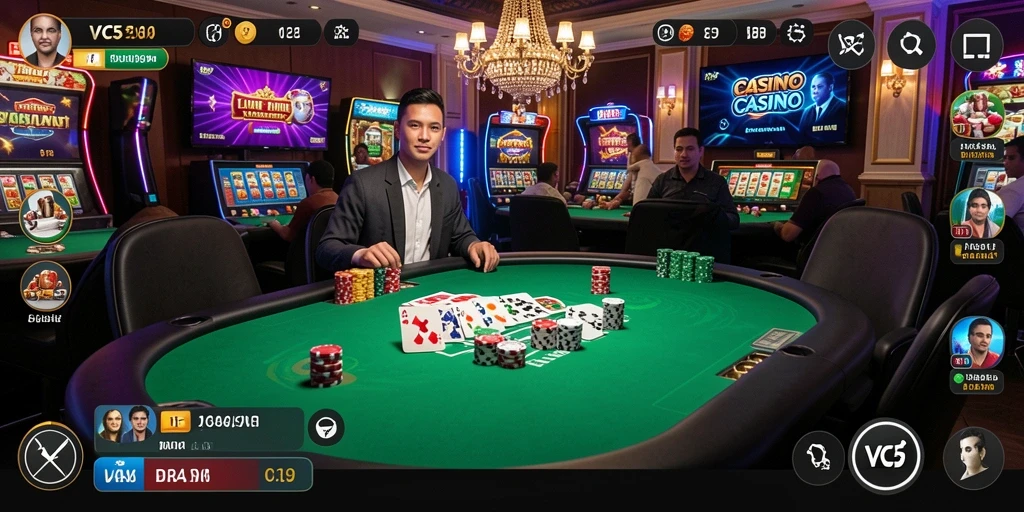 Screenshot gameplay VC5 menunjukkan dealer langsung dan suasana kasino yang nyata.