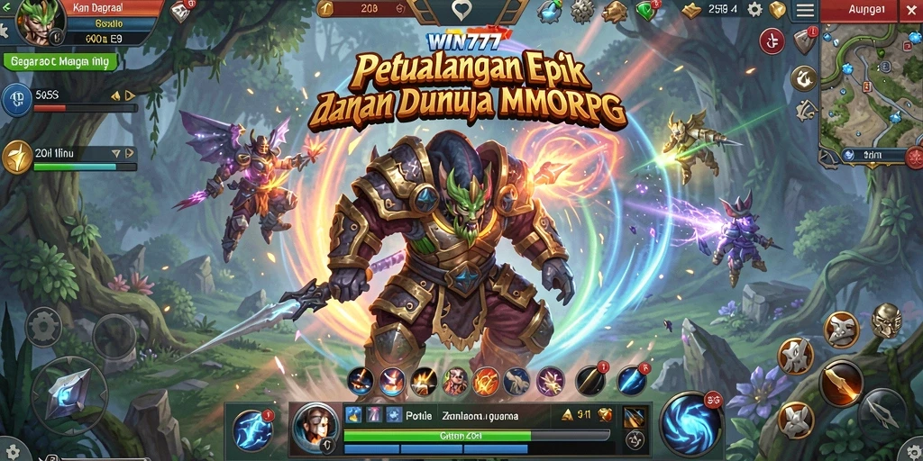 Screenshot gameplay WIN777 yang menunjukkan pertarungan epik di dunia MMORPG.