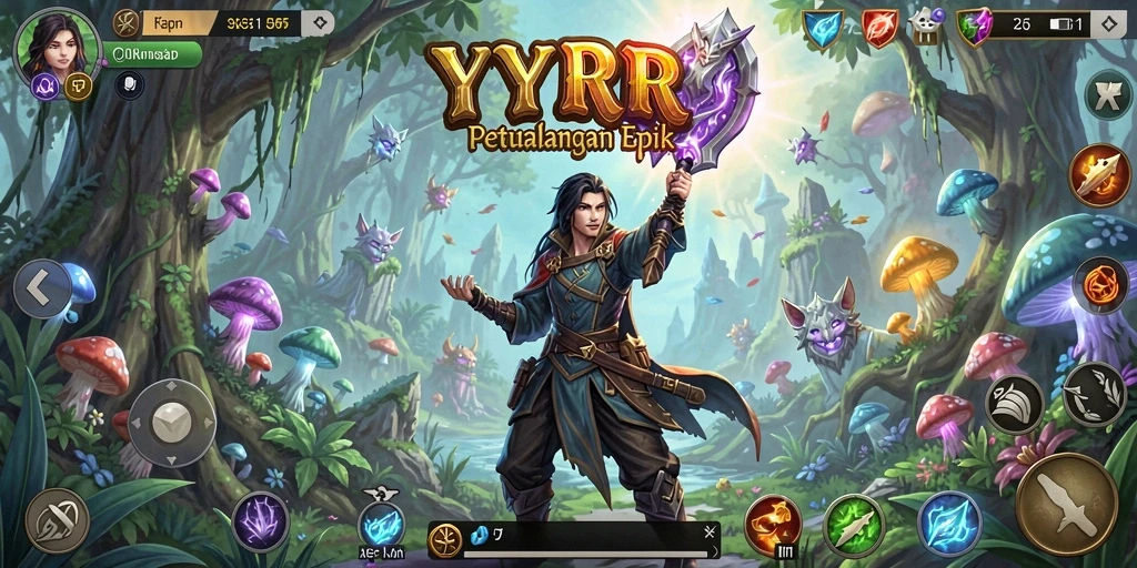 Screenshot gameplay YYRR menampilkan pertarungan seru di dunia fantasi.